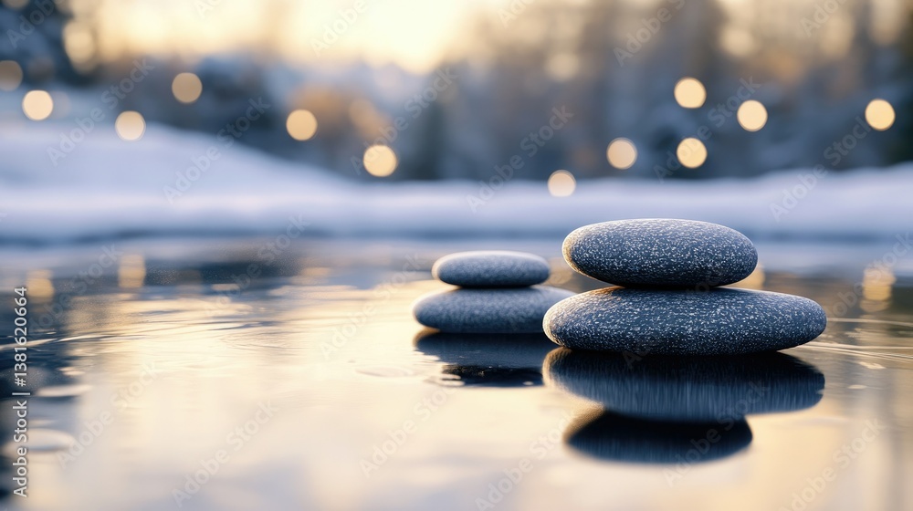 Poster serene winter scene featuring smooth stones arranged in a tranquil stream. surrounded by softly fall