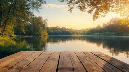 Rustic wooden table on a lakeside dock, calm river waters reflecting the trees, soft golden hour lighting generative ai
