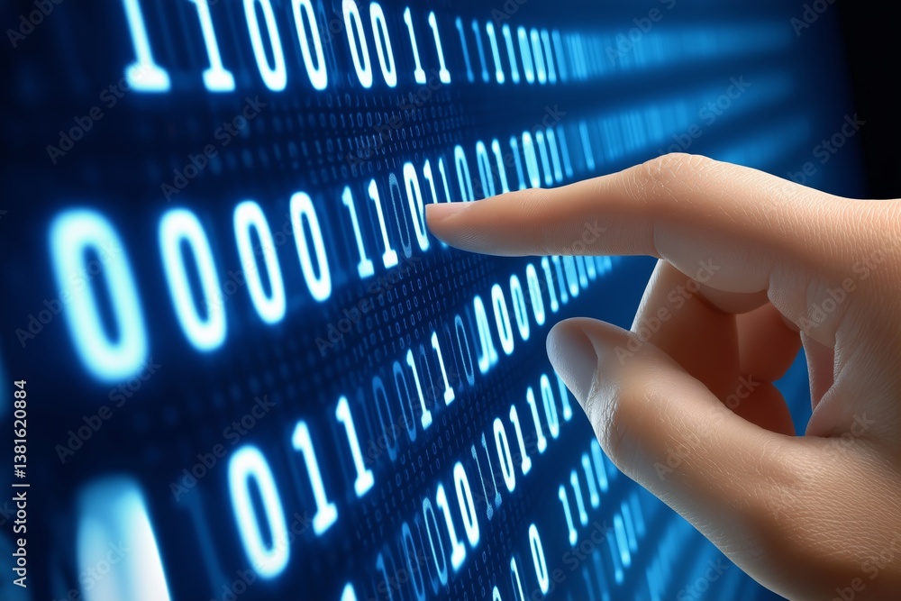 Poster Human hand touching glowing binary digits on digital interface representing user interaction, programming and futuristic data systems, Generative AI
