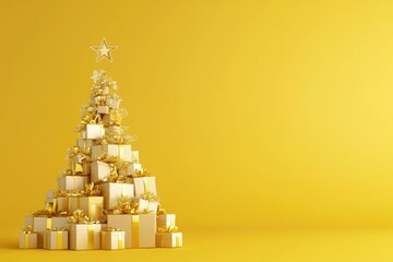 A stunning golden Christmas tree adorned with shimmering ornaments and presents. set against a warm golden background. perfect for festive celebrations and holiday-themed projects