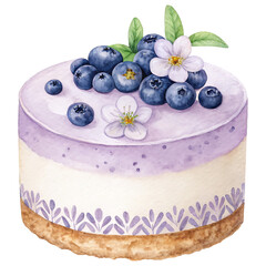 Blueberry cake isolated on white. Bilberry cheesecake decorated with flowers watercoor illustration. 
