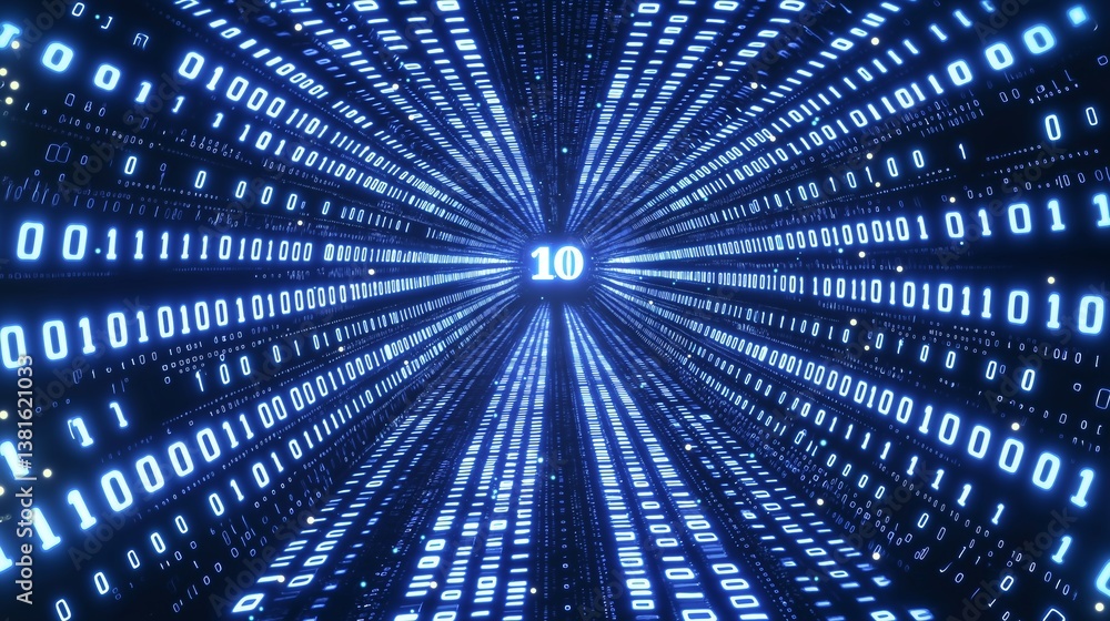 Fototapete Futuristic tunnel of binary code stretching into digital space showing depth, data flow, and virtual programming matrix concept, Generative AI
