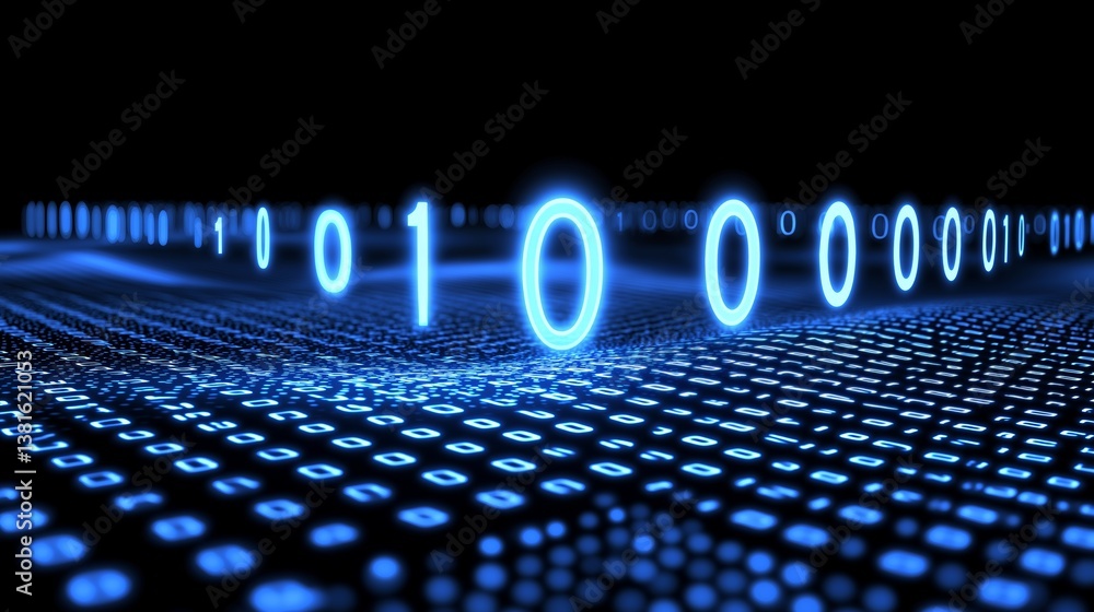 Leinwandbilder Futuristic field of glowing binary numbers in blue 3D space illustrating cyberspace depth and abstract data transmission concept, Generative AI