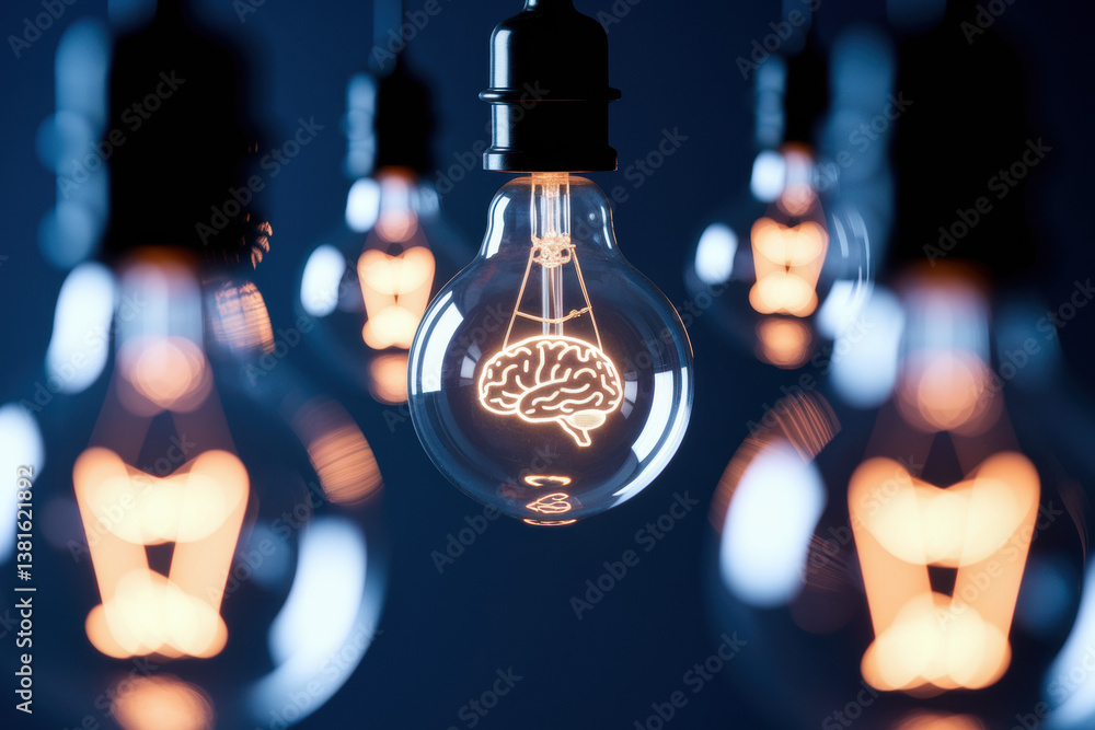 Poster illuminated light bulbs featuring brain design symbolizing creativity and innovation in a dark setti