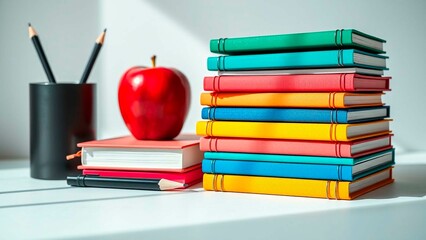 A vibrant and inspiring still life composition featuring a stack of colorful books, a ripe apple, and pencils in a sleek container.