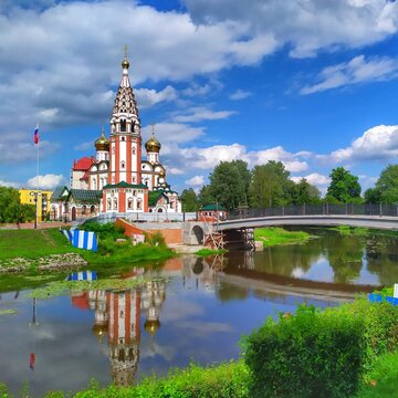 Gusev, Kaliningrad region, Russia July 04 2020 Temple memorial to All Saints on square on the Pissa river