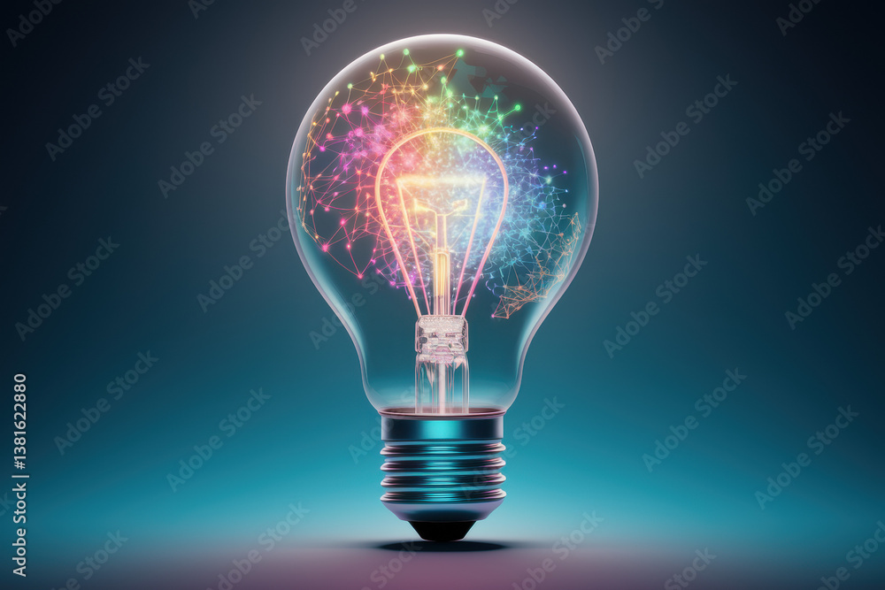 Poster innovative lightbulb with colorful ideas sparkling inside on gradient background