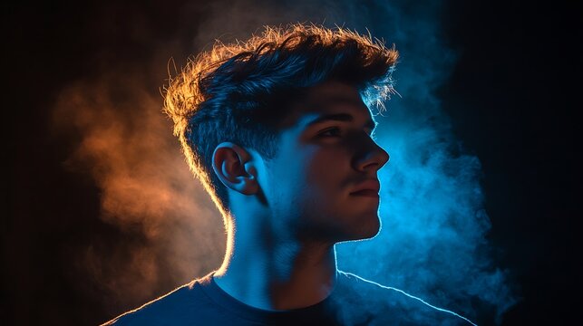 A young man in profile illuminated with colorful lighting
