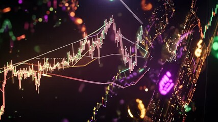 Abstract Stock Market Visualization: Dynamic Candlestick Chart with Neon Lights and Confetti - Powered by Adobe