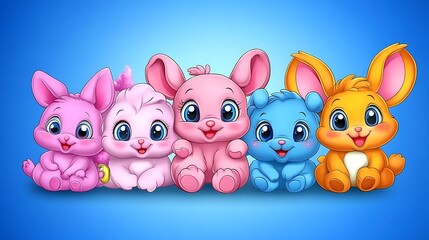 Five colorful cartoon characters are smiling on a gradient blue background