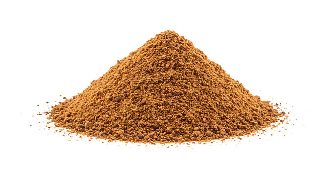 Pile of Coconut Palm Sugar or Jaggery on White Background Close-up