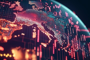 Digital world map with glowing stock market charts and financial data representing global economy and technology-driven investment analytics, Generative AI