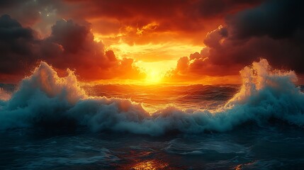 Fototapeta premium Sunset horizon with stormy ocean seascape high resolution hd image