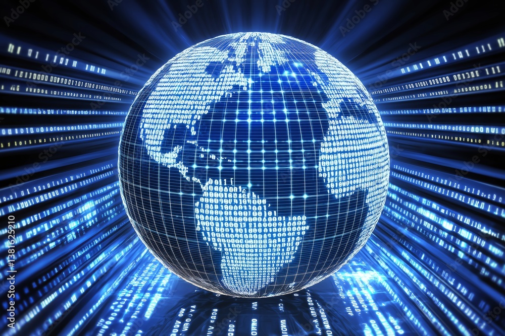 Fototapete Digital globe built from binary code lines and glowing grid representing futuristic world of coding, data and global information systems, Generative AI