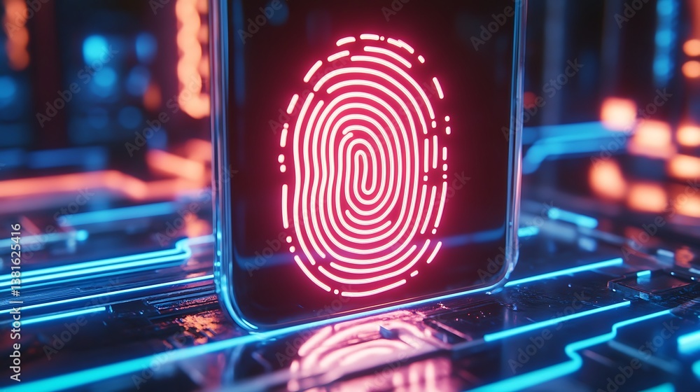 Poster illuminated fingerprint biometric identification system glowing on a smartphone screen
