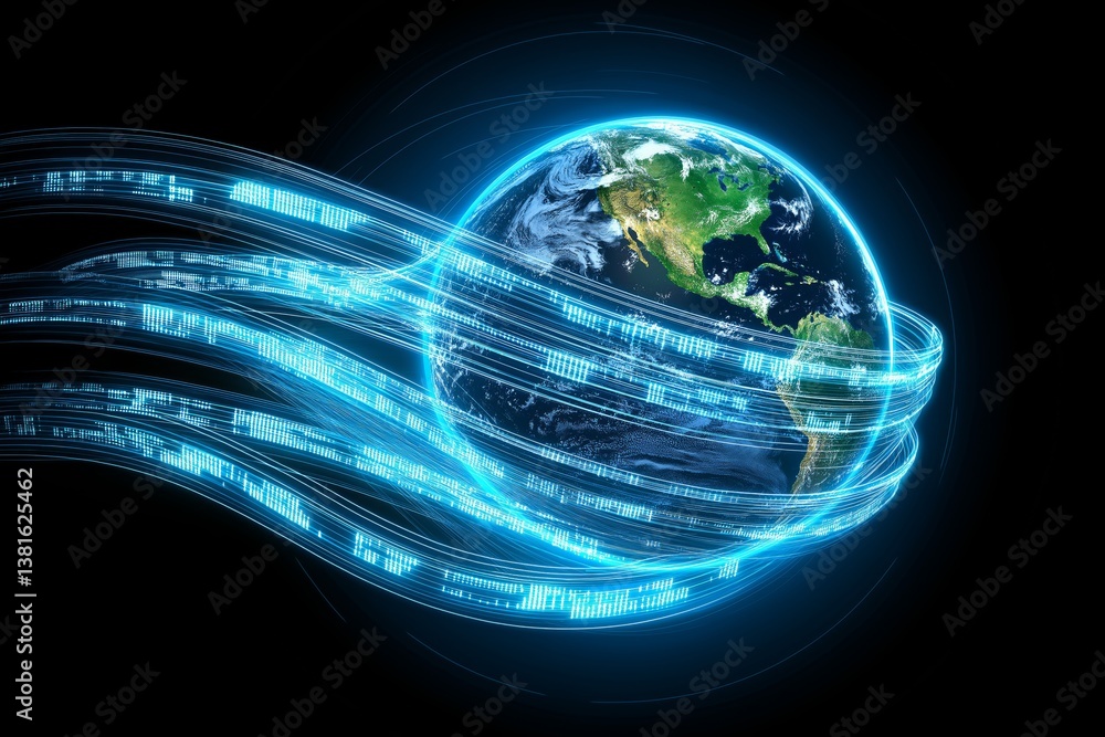 Aufkleber Glowing digital Earth with streaming data lines circling the planet representing global connectivity and high-speed technology flow, Generative AI
