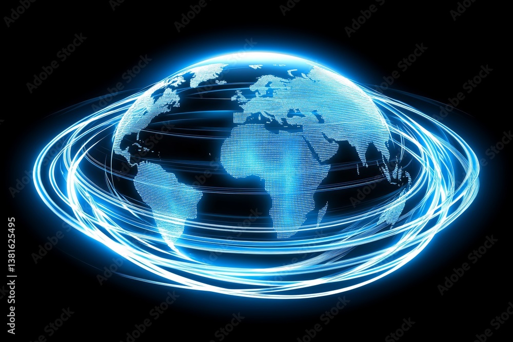 Aufkleber Glowing blue digital globe with virtual grid and technology lines symbolizing global connectivity, data networks and modern communication, Generative AI