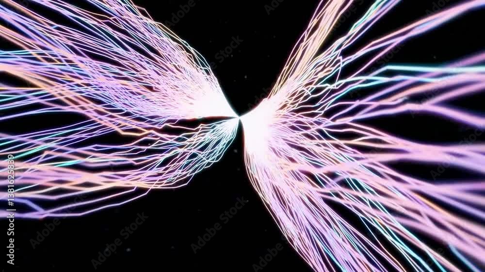 Poster dynamic colorful lines radiating from central point, generating visually compelling abstract pattern