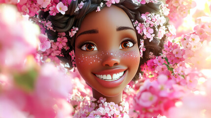 Obraz premium Smiling african american bride surrounded by blooming flowers in illustration. concept of joyful weddings, blossoming beauty, artistic celebration