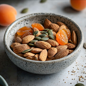snack in a small dish 10 almonds 3 dried apricots and a sprinkel of pumpkin seeds with the dish on a table with ingredients in the picture
