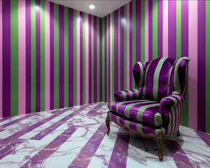 empty room a void room with purple and green striped walls ceramic flooring large purple velvet renassainse style chair off to the side illuminated by spotlight spo