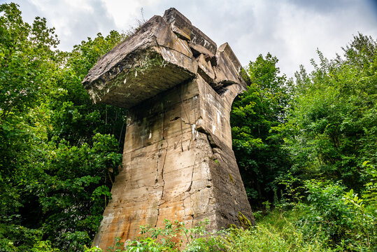 Destroyed old railway bridge in Kruklanki, Poland, August 2021
