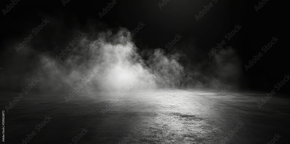 Poster a serene. misty landscape at twilight. showcasing a calm water surface reflecting soft fog. creating