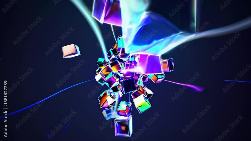 Aufkleber glowing cubes with iridescent surfaces are exploding outwards, emitting bright rays of light in vari