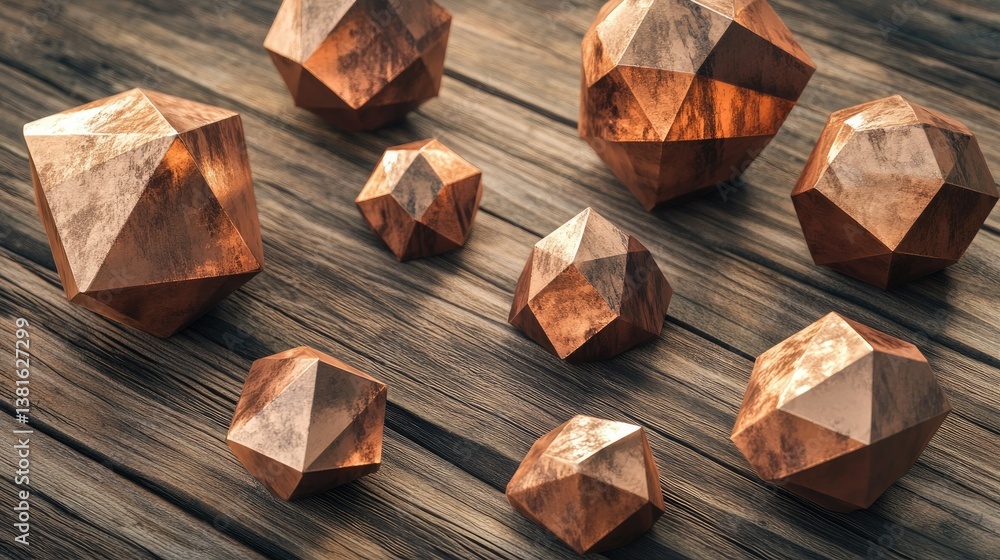 Poster a collection of various geometric shapes including triangles. squares. and spheres made of a copper-