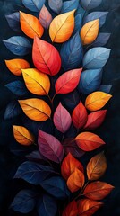 Beautiful painting of red orange and blue leaves photo