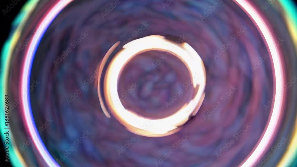 Poster circular energy field rotating and dynamically changing color, revealing iridescent hues of pink, bl