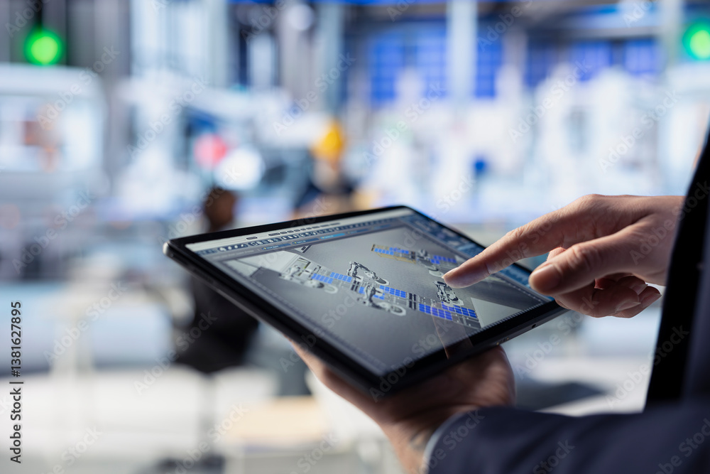 Aufkleber technician in photovoltaics factory uses tracking software on tablet to review performance of robot 