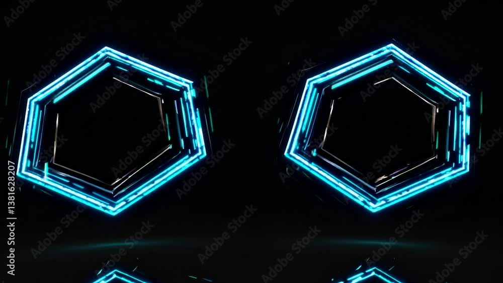 Poster glowing hexagons rotating dynamically, emitting luminous particles against dark background, generati