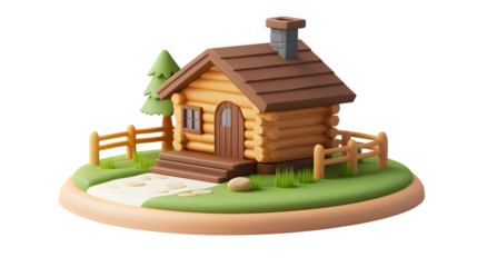 Charming Log Cabin in a Serene Forest Setting with Wooden Fence and Pathway