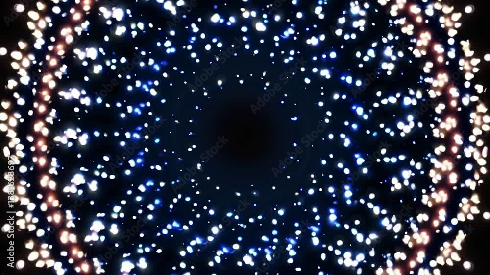 Poster bright particles are swirling and rotating around a black circular center, creating a mesmerizing vi