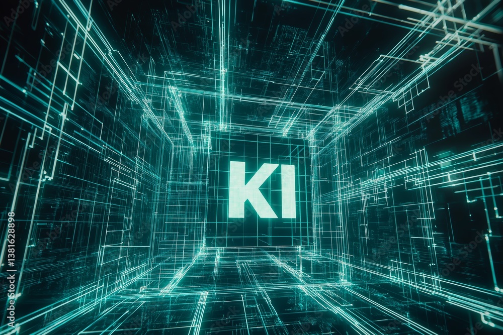 Poster Glowing digital cube with KI letters representing artificial intelligence and futuristic data network structure in virtual space, Generative AI