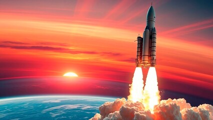 Fototapeta premium Spacecraft ascends into vibrant sunset skies, its fiery engines blazing through clouds, marking a milestone in human space exploration
