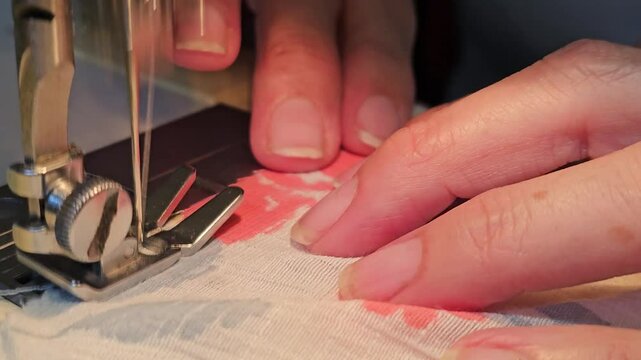 Close-up of hands skillfully guiding floral fabric through a sewing machine. The detailed lace edging showcases the art of traditional textile crafting in Chapala.