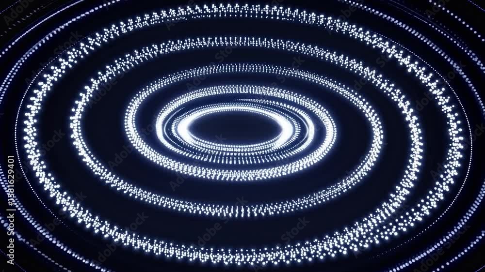 Poster luminous elliptical rings rotating dynamically, expanding and contracting against dark background, c