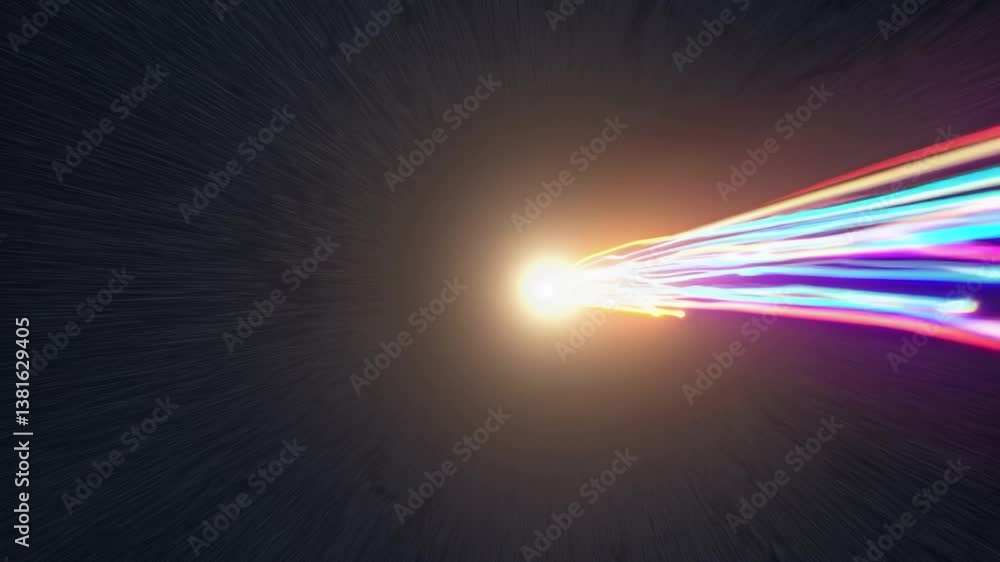 Poster colorful light trails are radiating outwards from a central luminous point, creating a dynamic visua