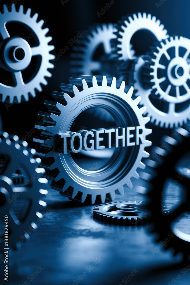 Poster Collaborative Mechanism with Interlocking Gears Symbolizing Unity in Cool Blue Tones