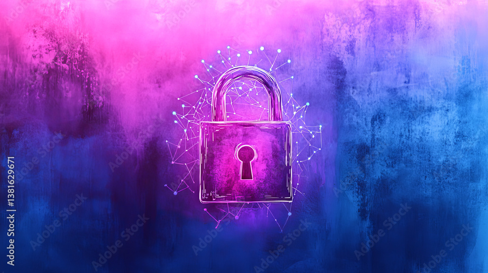 Aufkleber digital padlock icon on abstract pink and blue background with connected network lines. concept of c