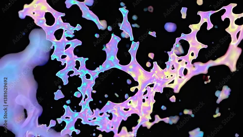 Poster holographic liquid splashes expanding dynamically. revealing iridescent colors and fluid motion agai