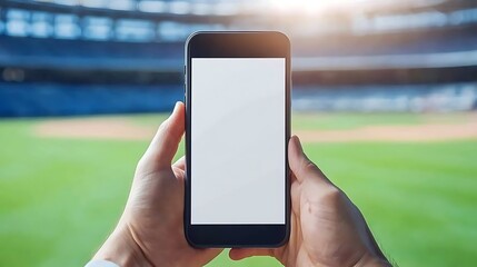 A person is holding a smartphone in front of a baseball stadium