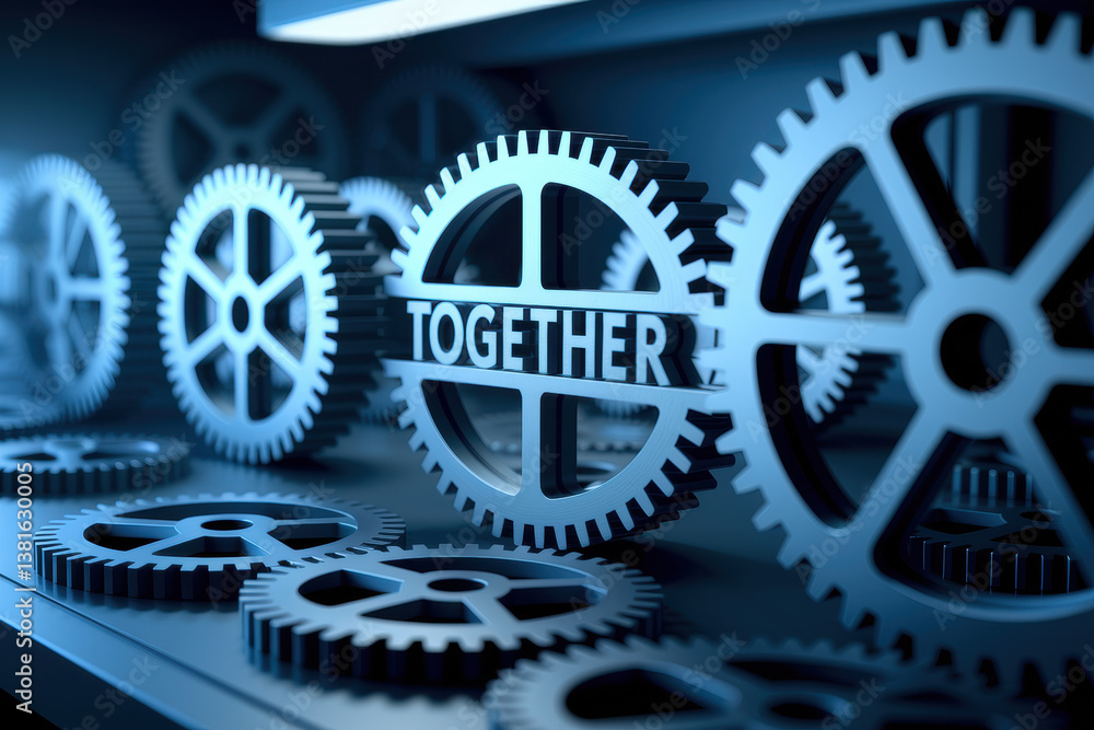 Poster interconnected gears with the word 'together' in a cool blue industrial setting symbolizing collabor