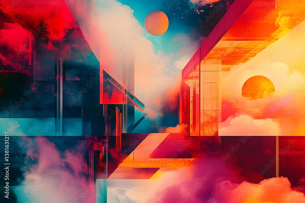 Poster an abstract depiction of architectural structures and beautiful celestial elements