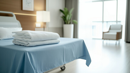 Hospital room with neatly stacked towels on a blue bed sheet  