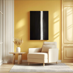 A bright and inviting living room with a soft elegant yellow wall featuring a vertical blackandwhite canvas as the centerpiece The space is designed with a minimalist
