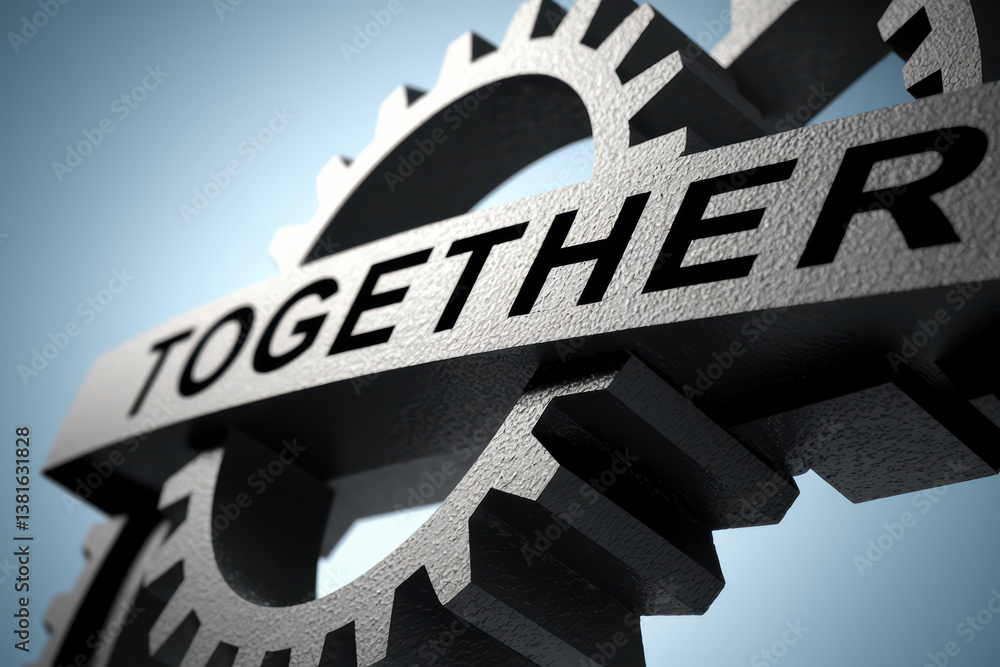 Poster symbolic unity representation with interlocking gears inscribed with 'together' in sleek metallic fi