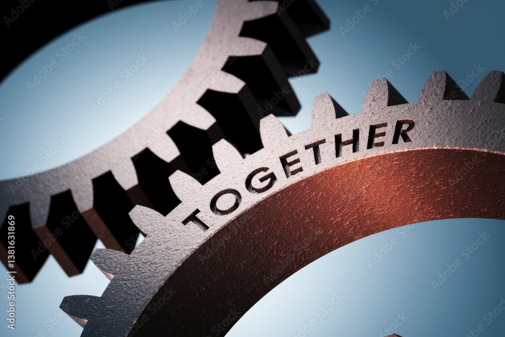 Poster interlocking gears symbolizing collaboration and unity with the word 'together' in rich metallic tex